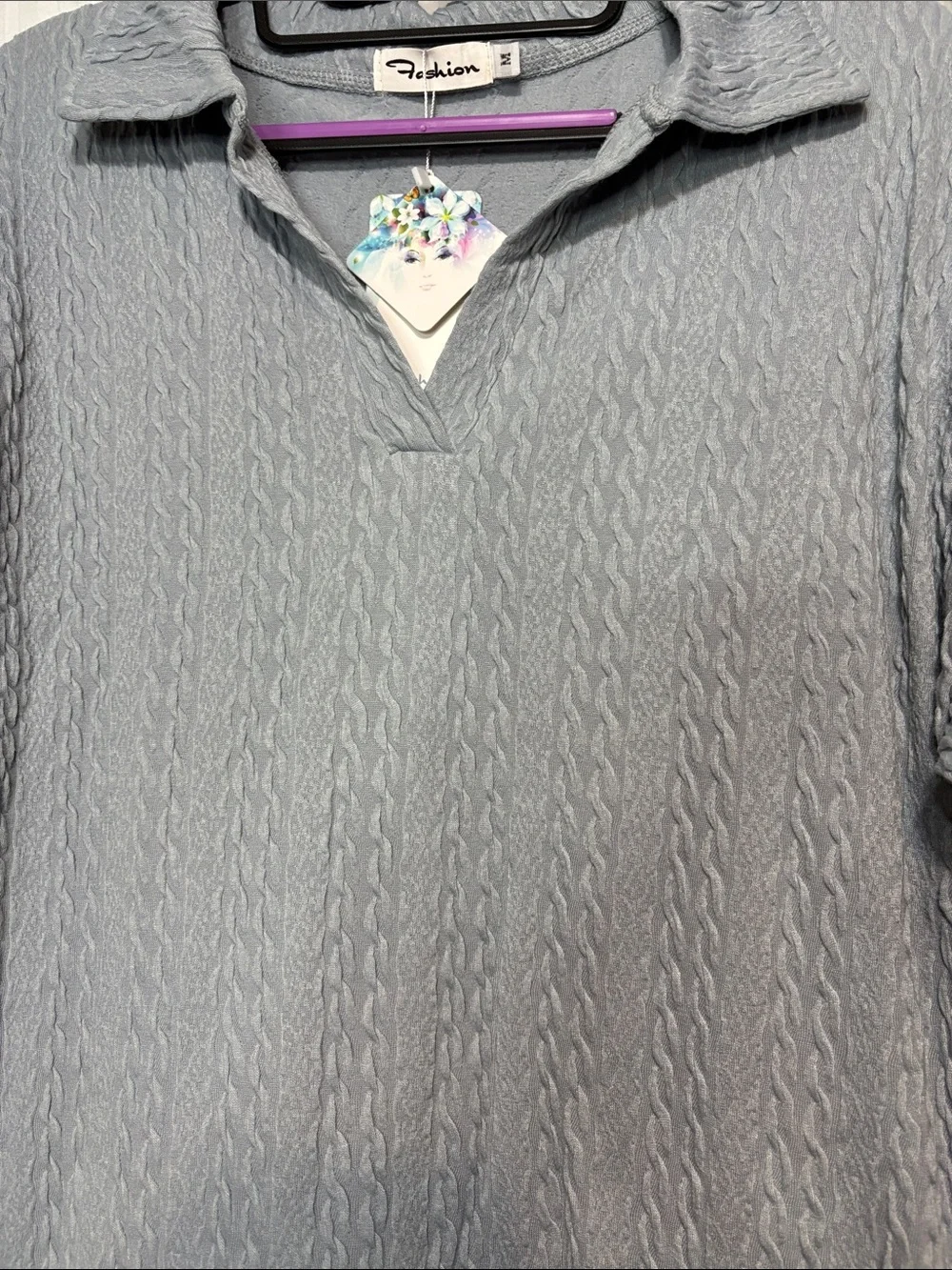 Light Gray Cable Knit Collared Pullover - Picture 4 of 5